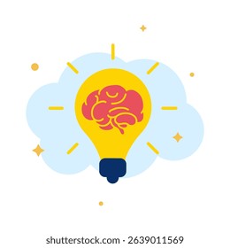Yellow Light Bulb with Brain and Sparkle Elements Representing Creativity and Bright Ideas