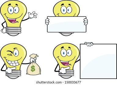 Yellow Light Bulb Cartoon Characters. Set Vector Collection 5
