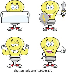 Yellow Light Bulb Cartoon Characters. Set Vector Collection 12