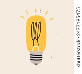 Yellow light Bulb. Cartoon flat style. Idea, creativity, innovation, inspiration, invention concept. Hand drawn modern Vector illustration. Logo, icon, print, design template