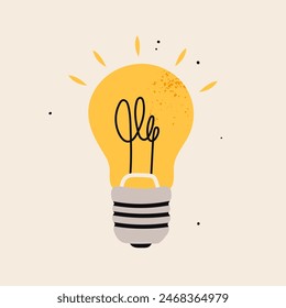 Yellow light Bulb. Cartoon flat style. Idea, creativity, innovation, inspiration, invention concept. Hand drawn modern Vector illustration. Logo, icon, print, design template