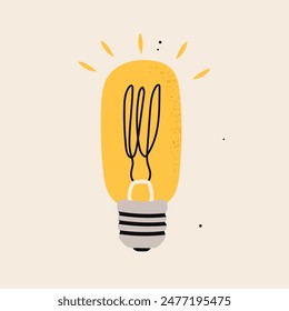 Yellow light Bulb. Cartoon flat style. Idea, creativity, innovation, inspiration, invention concept. Hand drawn modern Vector illustration. Logo, icon, print, design template