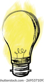 Lâmpada amarela. Estilo de desenho animado. Ideia, criatividade, inovação, inspiração, conceito de invenção. Ilustração Vetor moderna desenhada à mão. Logotipo, ícone, impressão, modelo de design