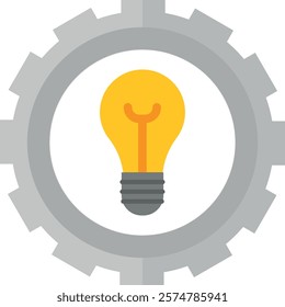 Yellow light bulb centered within a gray gear, symbolizing ideas and innovation. Engineering.