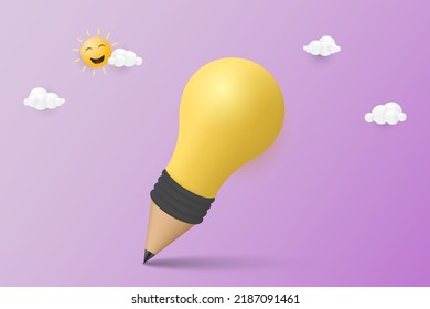 Yellow light bulb combined with graphite pencil on puple background. Idea, creativity, inspiration and insight concept. 3d vector illustration.
