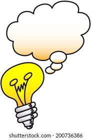 Yellow light bulb with an empty bubble speech showing that it is trying to have an idea