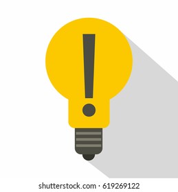 Yellow light bulb with exclamation mark inside icon. Flat illustration of yellow light bulb with exclamation mark inside vector icon for web