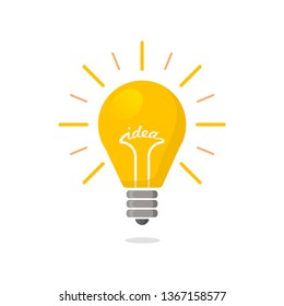 Yellow Light bulb flat icon with rays shine. Energy and idea symbol isolated on white background. Vector Illustration