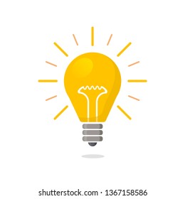 Yellow Light bulb flat icon with rays shine. Energy and idea symbol isolated on white background. Vector Illustration