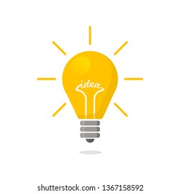 Yellow Light bulb flat icon with rays shine. Energy and idea symbol isolated on white background. Vector Illustration