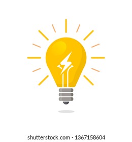 Yellow Light bulb flat icon with rays shine. Energy and idea symbol isolated on white background. Vector Illustration