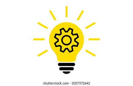Bombilla amarilla, icono plano. Iluminación de la lámpara eléctrica con rueda cognoscitiva (engranaje) dentro y rayas, pictograma simple. Elemento de diseño gráfico vectorial. Firma creativa de ideas, solución, concepto de innovación.