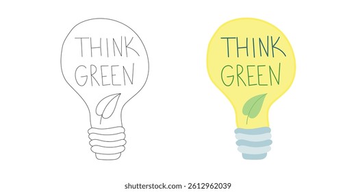 Yellow light bulb with green leaf inside and "Think Green" slogan, highlighting energy awareness, smart power use, and clean electricity ideas.