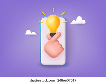 Icono de bombilla amarilla en la mano. Inspiración de ideas creativas. Desarrollo de ideas.  Ilustraciones vectoriales DE Web 3D.