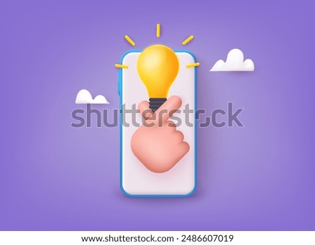 Yellow light bulb icon in hand. Creative Idea Inspiration. Brainstorming Development.  3D Web Vector Illustrations.