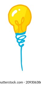 yellow light bulb icon. A hand-drawn isolated cartoon-style element consisting of a bright yellow round-shaped light bulb with a blue spiral wire on a white one as a design template. Symbol of the ide