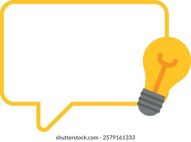 Yellow light bulb icon inside a speech bubble, representing an idea or brainstorming session. Symbolizes communication and creative thinking. Innovation and dialogue.