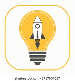 Icono amarillo de la bombilla con la nave del cohete dentro del concepto de la innovación y de la creatividad