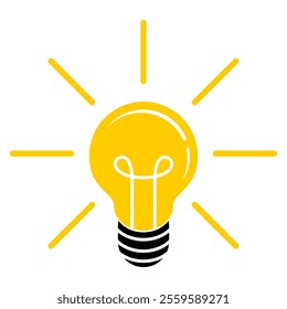 Yellow Light Bulb Icon Sticker Template, Simple Vector Illustration with Glowing Lamp Design, Editable and Scalable EPS File, Isolated on White Background for Graphic Use