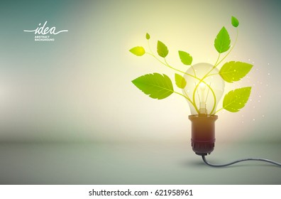 Yellow light bulb idea abstract background poster with electric equipment and green blossom growing from power-outlet as flower pot vector illustration