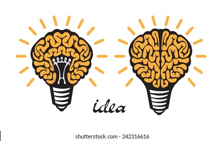yellow Light bulb idea human brain Isolated on white background