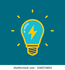 yellow light bulb with lightning inside on a colored background. flat vector illustration.