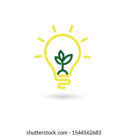 Yellow Light Bulb line icon vector with green plant inside, isolated on white background.  