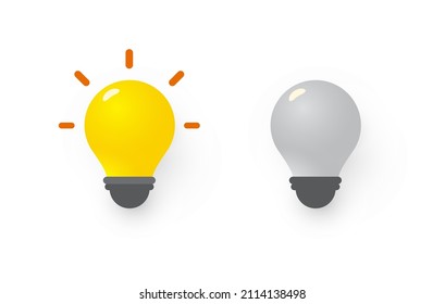 Yellow light bulb on, new idea symbol. Gray light bulb off, lack of ideas symbol. Flat 3D vector illustration