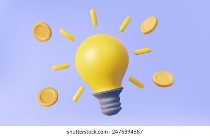 Yellow light bulb on purple background. Money currency competition combine marketing investment startup learning idea concept. invention innovation vision, project support, 3d vector illustration