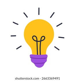 Una bombilla amarilla con una base púrpura. La bombilla está encendida y brillando intensamente. Concepto de brillo e iluminación, que puede interpretarse como un símbolo de conocimiento, creatividad