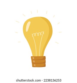 Yellow Light bulb with rays shine. Cartoon light bulb isolated on white background. Flat style. Doodle style. Symbol of creativity, innovation, inspiration, invention and idea. Vector illustration