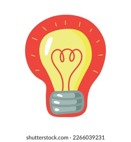 Yellow Light bulb with rays shine. Cartoon light bulb isolated on white background. Flat style. Doodle style. Symbol of creativity, innovation, inspiration, invention and idea. Vector illustration