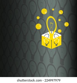 Yellow light bulb rising from a box, on a repeating background - conceptual image for an idea (vector)