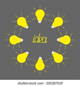 Yellow light bulb round frame on grey background. Idea concept. Flat design. Vector illustration