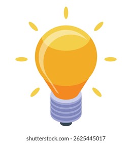 Yellow light bulb is shining with bright rays, representing new ideas, innovation, and creativity in an isometric icon style