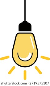 Bombilla amarilla con cara sonriente y líneas amarillas radiantes idea