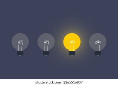 yellow light bulb standing out from the unlit incandescent bulbs. Individuality and different creative idea concepts. leadership