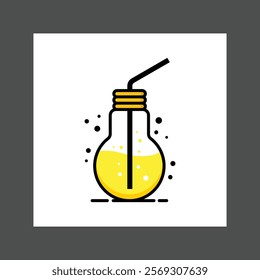 A yellow light bulb with a straw and bubbles, on a dark background