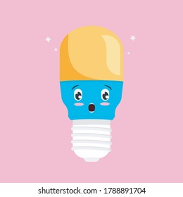 A yellow light bulb that shines isolated on a pink background. Emoji light bulbs with funny emotions. Vector illustration of a creative idea concept.