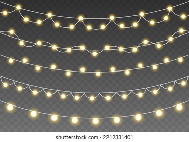 Yellow light bulbs with sparkles. Led neon lamp. Set of gold xmas glowing garland with sparks. Christmas, wedding or Birthday decor. Golden semitransparent new year lights decoration. Vector