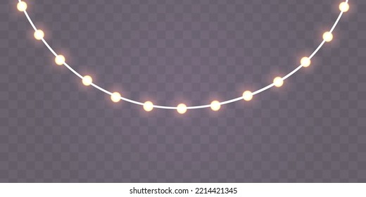 Gelbe Glühbirnen mit Funkeln. Leuchtenlampe. Eine Menge goldener Weihnachtsmassen, die mit Funken glänzen. Weihnachten, Hochzeit oder Geburtstag. Goldene semitransparente neue Jahr Lichter Dekoration. Vektorgrafik