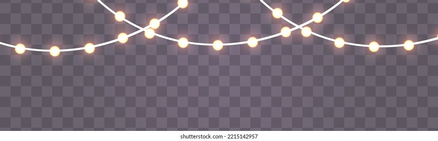 Yellow light bulbs with sparkles. Led neon lamp. Set of gold xmas glowing garland with sparks. Christmas, wedding or Birthday decor. Golden semitransparent new year lights decoration. Vector