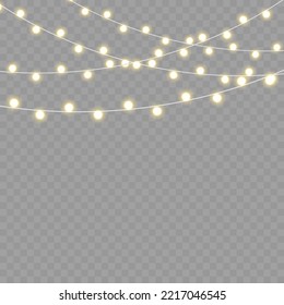 Bombillas amarillas con destellos. Lámpara de neón. Juego de Navidad dorada luciendo guirnaldas con chispas. Decoración navideña, matrimonial o de cumpleaños. Decoración dorada semitransparente de luces de año nuevo. Vector