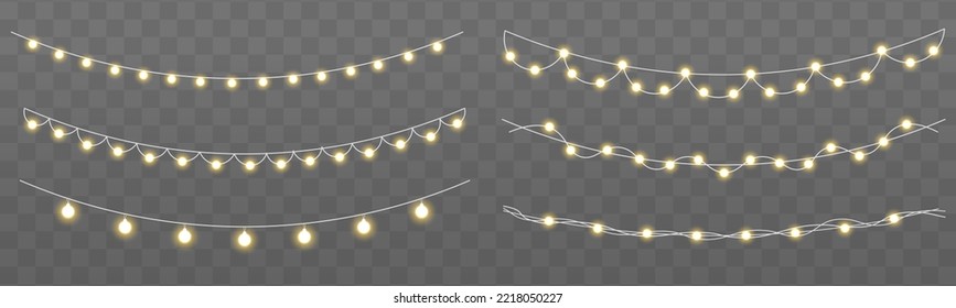 Yellow light bulbs with sparkles. Led neon lamp. Set of gold xmas glowing garland with sparks. Christmas, wedding or Birthday decor. Golden semitransparent new year lights decoration. Vector
