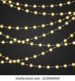 Yellow light bulbs with sparkles. Set of gold xmas glowing garland with sparks. Christmas, wedding or Birthday decor. Led neon lamp. Golden semitransparent new year lights decoration. Vector