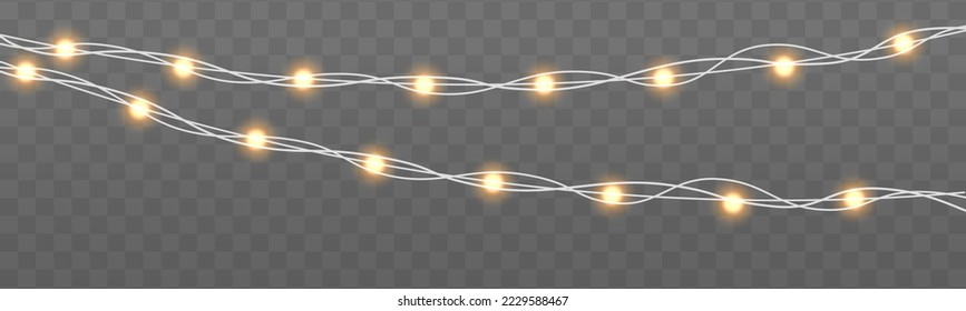 Gelbe Glühbirnen mit Funkeln. Eine Menge goldener Weihnachtsmassen, die mit Funken glänzen. Leuchtenlampe. Weihnachten, Hochzeit oder Geburtstag. Goldene semitransparente neue Jahr Lichter Dekoration. Vektorgrafik