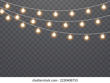Yellow light bulbs with sparkles. Set of gold xmas glowing garland with sparks. Led neon lamp. Christmas, wedding or Birthday decor. Golden semitransparent new year lights decoration. Vector