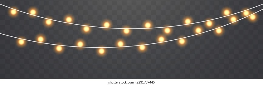 Yellow light bulbs with sparkles. Set of gold xmas glowing garland with sparks. Led neon lamp. Christmas, wedding or Birthday decor. Golden semitransparent new year lights decoration. Vector