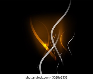 Yellow light in dark space with waves. Vector illustration. Abstract background