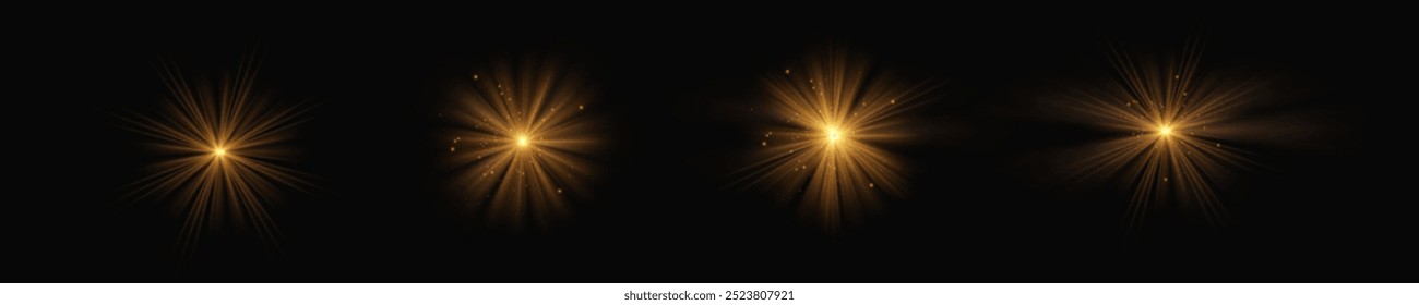 Gelbe Reflexionen, Neonbeleuchtung in gelben Farben. Helle Lichtlinse. Polizeilichteffekte, Linien. Glänzende Sterne, leuchtende Funken auf schwarzem Hintergrund. Vektorgrafik